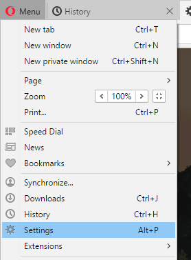 Opera for computer select Settings