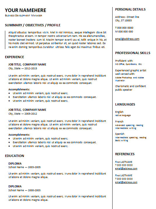 2 Column Resume Template Free Download