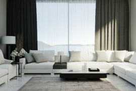 living room with black curtains
