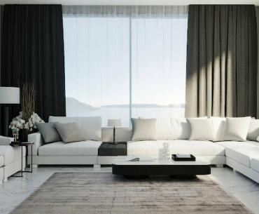 living room with black curtains